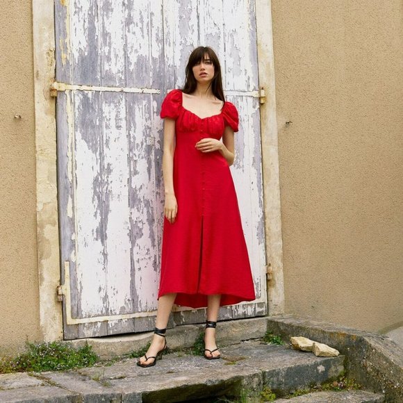 ZARA RED MIDI DRESS with BUTTONS SHORT PUFF SLEEVE - Picture 2 of 12
